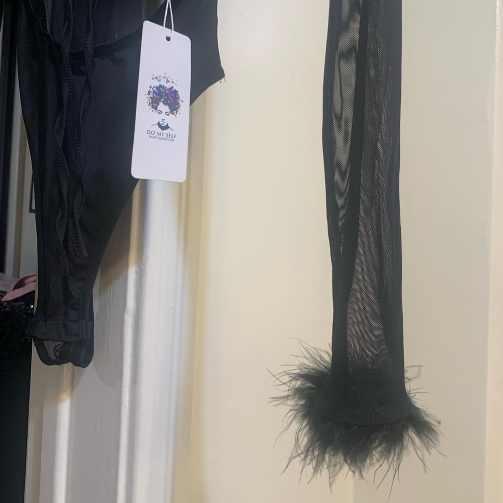 Black Sheer Fur Long Sleeve Bodysuit One Piece Onesie - Picture 5 of 8